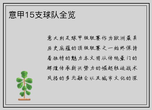 意甲15支球队全览